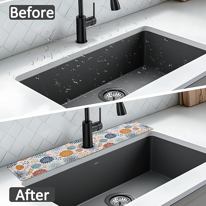 24" X 5.5" Kitchen Sink Splash Guard Faucet Mat Mandala Super Absorbent Fast Drying Faucet Guard & Draining Mat Sink Splash Guard Behind Faucet for Kitchen, Bathroom