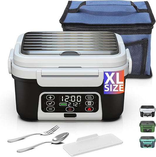 Cordless Electric Heated Lunch Box, XL 6.3Cups Rechargeable Food Warmer Lunch Box with Self Heating, Smart Timer, Adjustable Temperature, Leakproof, BPA Free, Removable Divider Dark Black