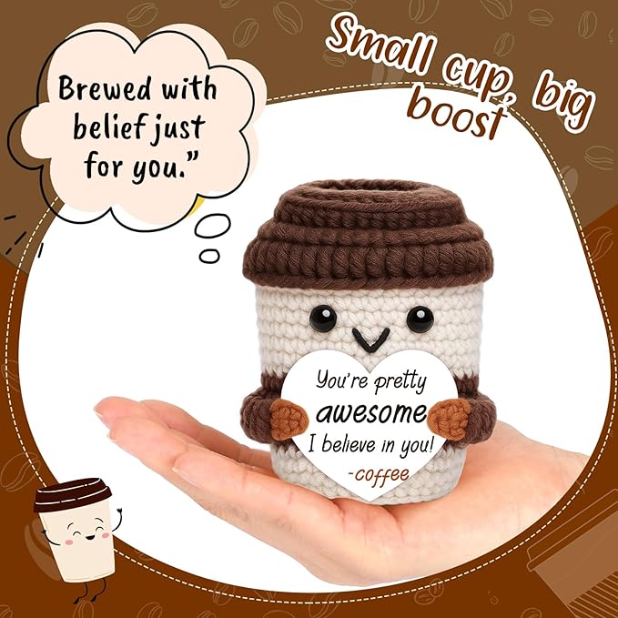 OCCdesign Mini Motivational Office Gifts for Women Men Coworkers Teachers Boss Nurses Handmade Crochet Coffee Cup Thank You Present for Friends Cheer Up Inspirational Birthday Gifts Office Desk Decor