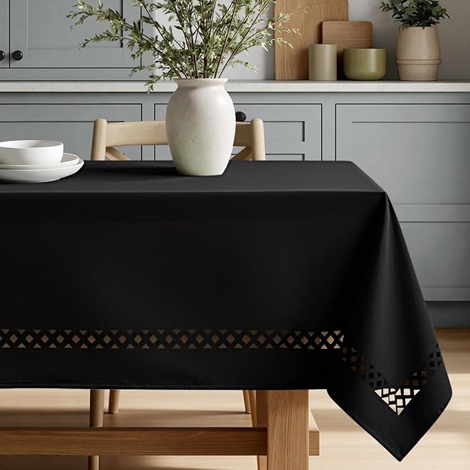 MIULEE Black Rectangle Linen Polyester Tablecloth with Decorative Cutouts Spring Waterproof Stain Resistant & Shrink-Proof Table Cloth 60x104 inch Farmhouse Style for Dining Wedding and Outdoor
