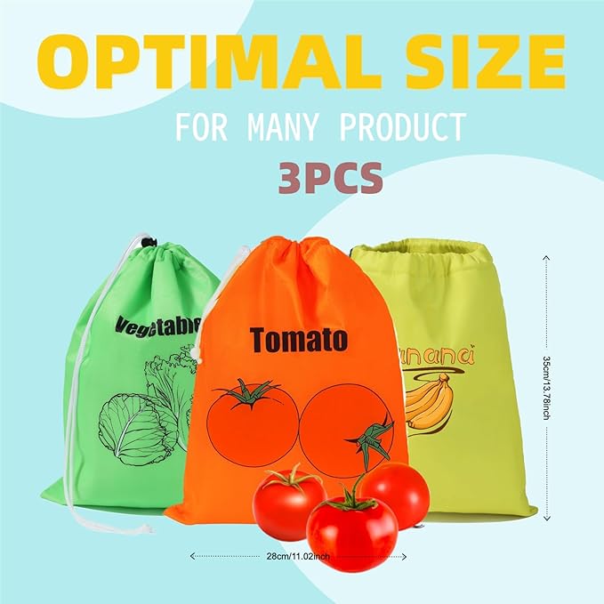 Small Mesh Drawstring Produce Bags 3 Pack + 5 Bonus Films - Washable Reusable Storage for Refrigerator, Keep Fruits and Vegetables Organized, Eco-Friendly Grocery Essential