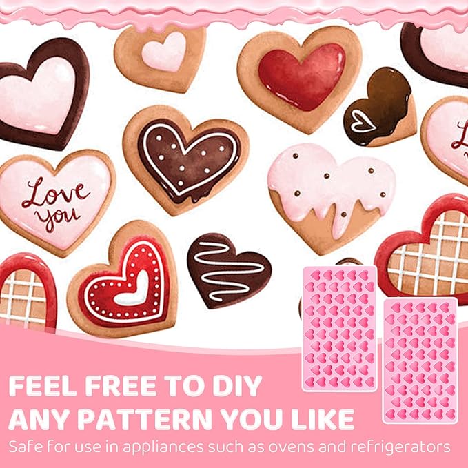 2PCS Silicone Molds for Chocolate,Heart Molds,Reusable Candy Molds with Heart Symbols,Mini Size Heart for Birthday Cake Lollipop Fondant Chocolate
