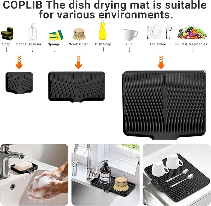Silicone Dish Drying Mat for Kitchen Counter, Dish Drying Pad, Non-Slip Drain Pad with Built-in Drain, Heat Resistant Stone Drying Mat,Black-1Set