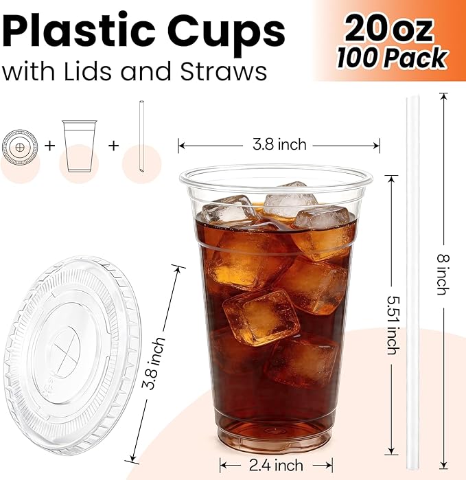 100 Pack 20oz Plastic Cups with Lids and Straws, Clear Disposable Plastic Cups, Heavy Duty Iced Coffee Cups with Leak-Resistant Lids, Cold Drink Cups for Smoothies, Juice, Soda & Party To Go