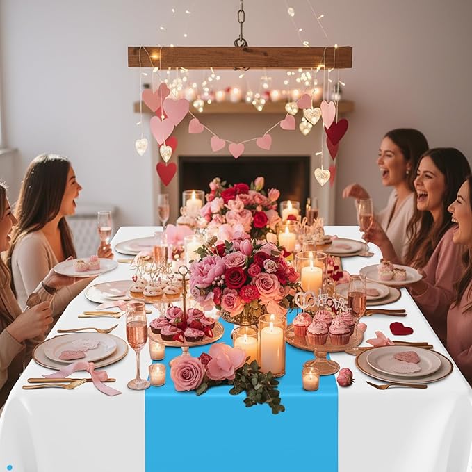 Smiry Plastic Table Cloth Disposable 5 Pack, 54 x 108 Inch Rectangle Waterproof Tablecloth, Printed Gold Table Runner Style for Birthday Weeding, Party Decorations, Leakproof & Sturdy, White and Aqua