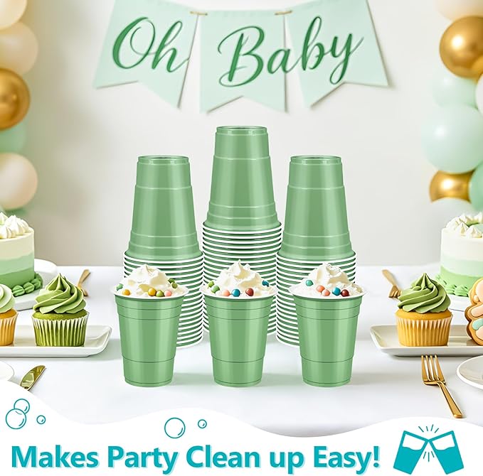 LANLISA 50 Sage Green Plastic Cups, 16 oz Disposable Cups, Drinking Cups For Birthday Party, Baby Shower, Easter Party