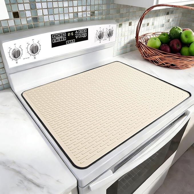 LONGKING 30" x 21" Stove Top Cover for Electric Stove - Silicone Stove Mat for Glass Top Stove, Glass Cooktop Protector, Dish Drying Mats For Kitchen, Range Covers for Electric Stove, Beige