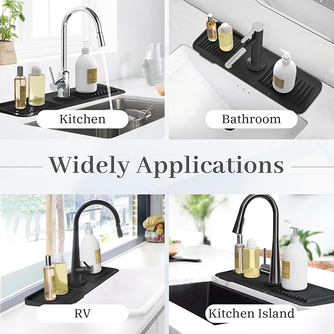 PoYang 17.7 Inch Faucet Mat for Kitchen Sink Splash Guard Behind Faucet, Sink Protectors for Kitchen Sink Faucet Mat Splash Guard for Kitchen Sink Area, Long Silicone Faucet Guard Draining Mat, Black