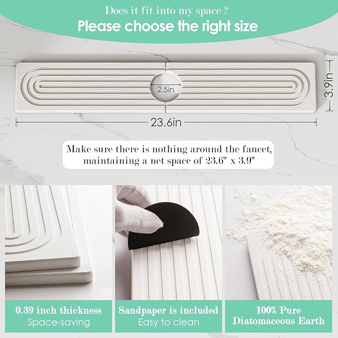 Stone Faucet Mat for Kitchen Sink, Diatomite Drying Stone Tray & Sink Protector, Water-Absorbing Splash Guard, Prevent Moisture on Kitchen & Bathroom Counter (White,23.6" x 3.9")