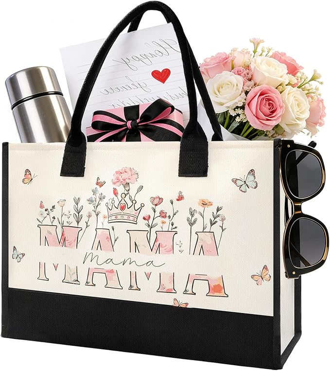 Mothers Day Gifts for Mom - Spacious Canvas Tote Bag for Women, Beautiful Floral Print New Mom Birthday Gifts, Sturdy Ties & Bottom Reusable Grocery Bags, Mama Gift for Shopping Beach Travel Work