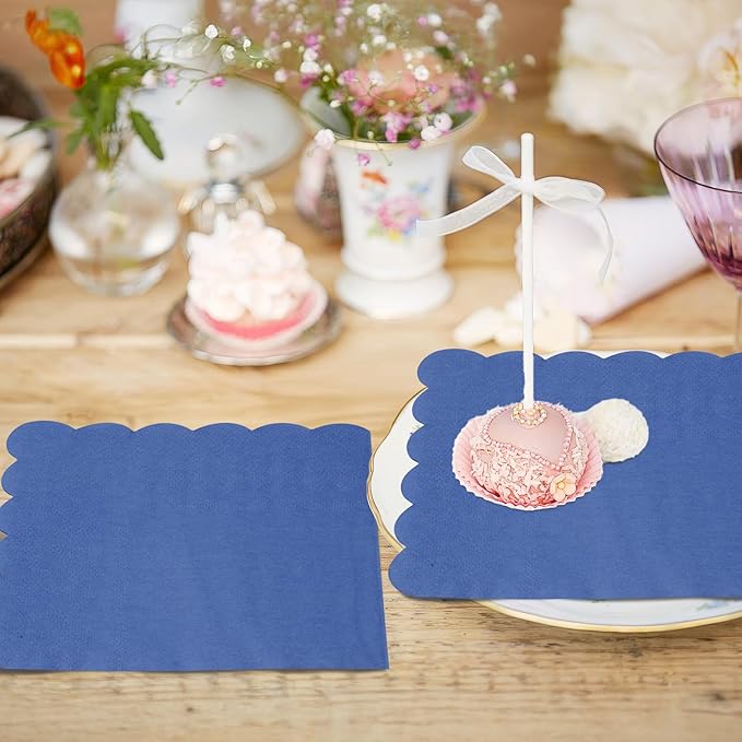 100 Pcs Cocktail Napkins, 2-Ply 5 x 5 Inches Disposable Scalloped Napkins, Thick Premium Dessert Napkins for Party, Wedding, Dinner, Birthday, Anniversary, Festival (Navy Blue)