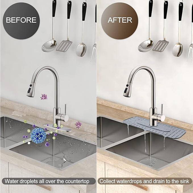 Silicone Faucet Mat, Kingmall Kitchen Faucet Mat Silicone Faucet Drip Catcher for Kitchen Faucet Drip Catcher, Tailor-Made for Faucets with 1cm(0.4 Inch) Deck Plate【Light Grey】