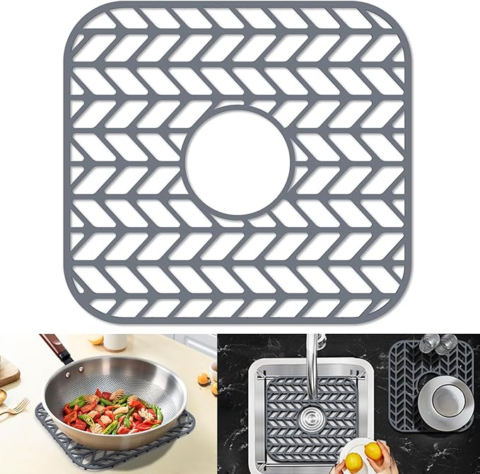 Sink Protectors for Kitchen Sink, 12.25"X11.5" Center Drain mat for Bottom of Sink, Protect Kitchen Sink Bottom from Scratches, Dishwasher Safe Grid Mat for Kitchen(Gray, 12.25"x11.5"Center)