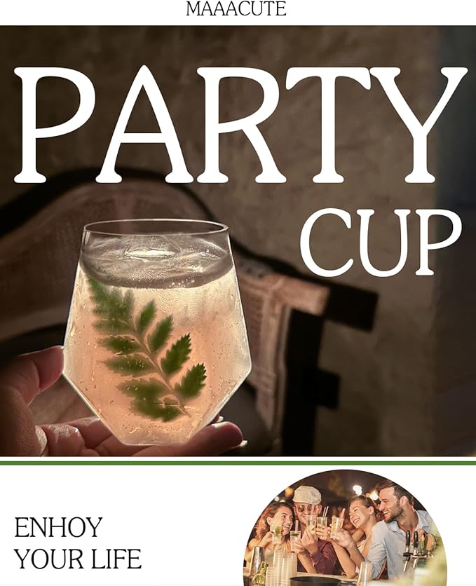 Maaacute 40 Pack Plastic Stemless Wine cocktail Whiskey Champagne Glasses, 12 Oz Disposable Clear Unbreakable Cups for Party Bars Wedding Tasting (Diamond-shaped)