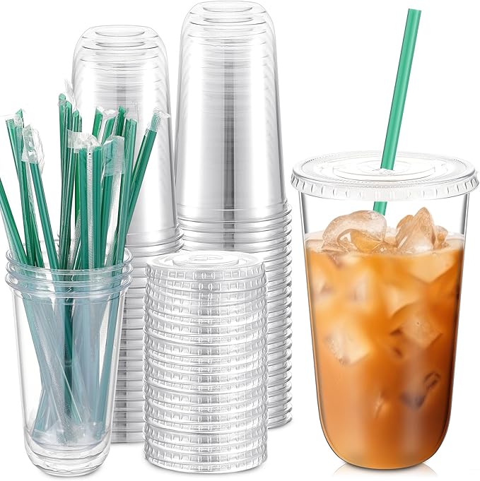 Baderke 25 Set Plastic Cups with Lids and Straws, Disposable Plastic Iced Coffee Cup for Cold Beverage Juice Smoothie Crystal for Coffee Shops Party Catering(Clear,18 oz)