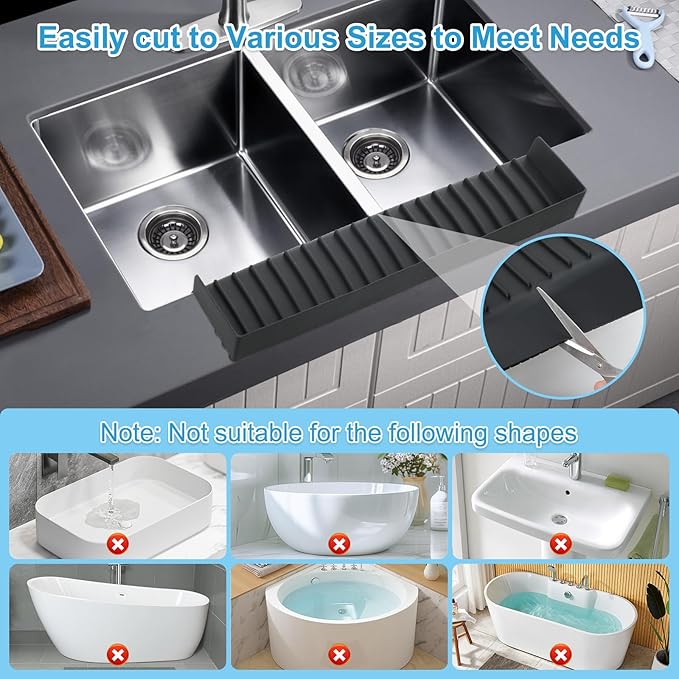 Silicone Sink Edge Protectors 4" x 24", Upgrade Kitchen Sink Splash Guards With Suction Cup, Splash Guard For Bathtub Sink, Countertop Protectors For Quartz Kitchen Sink（Black）