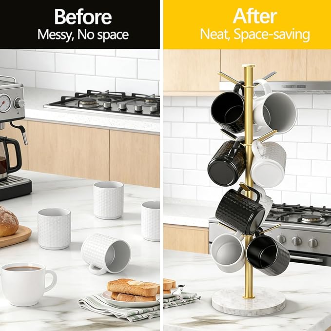 Gypie Gold Mug Holder Tree with Marble Base, 8 Hooks Coffee Cups Holder Stand, New Upgrad Stable Removable Mug Rack for Kitchen Cafe