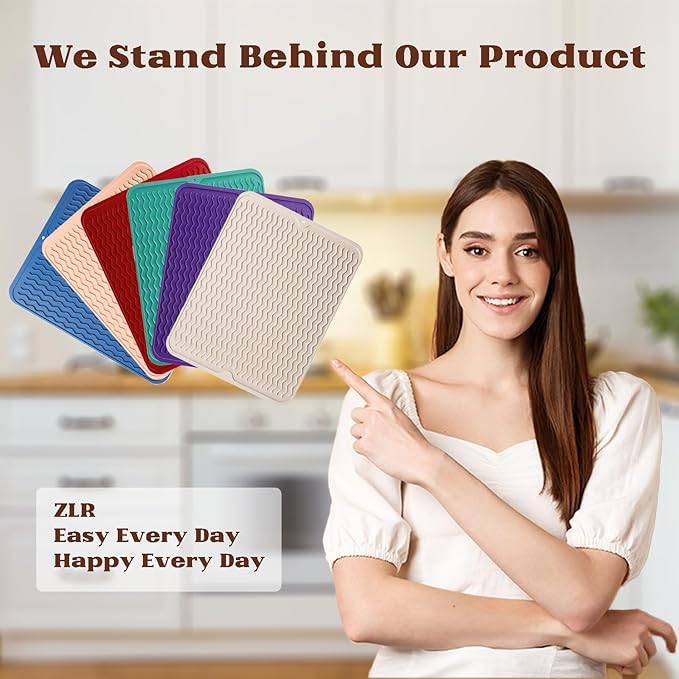 ZLR Silicone Dish Drying Mat 12" x 12" Square - Small Heat Resistant Trivet & Countertop Protector for Air Fryer, Coffee Maker - Waterproof Kitchen Drain Pad for Cups, Fruit (Lava Red)