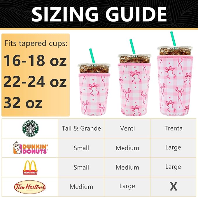 YR Reusable Neoprene Insulator Sleeve for Iced Coffee Cups, 3 Pack Coffee Coolies sleeves for Iced & Hot Drinks, Cold Beverage Cooler Compatible with Starbucks Coffee and More (Cute Bows)