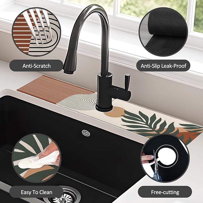 24" X 5.5" Kitchen Sink Splash Guard Faucet Mat Boho Super Absorbent Fast Drying Faucet Guard & Draining Mat Sink Splash Guard Behind Faucet for Kitchen, Bathroom