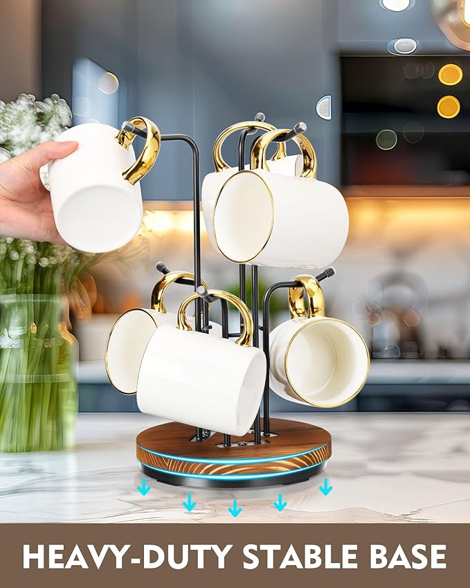 HULISEN 360° Rotating Mug Tree for Large Cups, Counter Coffee Mug Holder with 6 Hooks, Metal Coffee Cup Rack Stand for Countertop with Stable Wooden Base, Kitchen Counter Decor