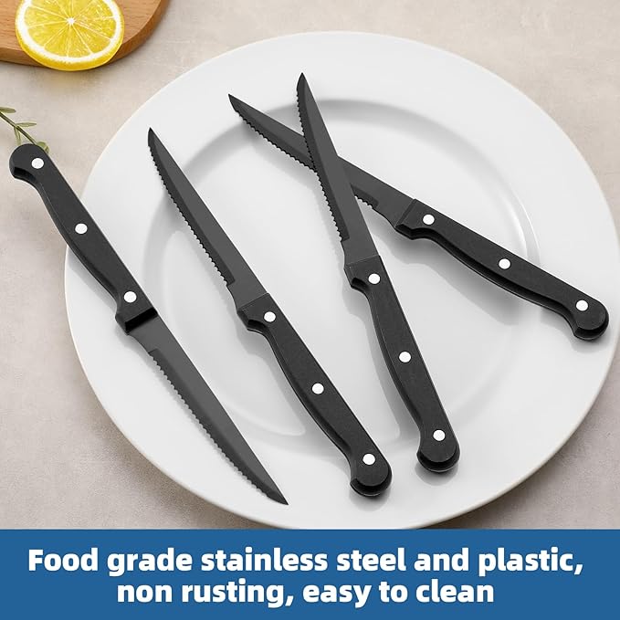 Black Steak Knives Set of 8, Sharp Triple Rivet Steak Knife, High-Carbon Stainless Steel Serrated Blades, Ergonomic Handles Serrated Steak Knives, Dinner Knife for Kitchen Restaurant, Dishwasher Safe
