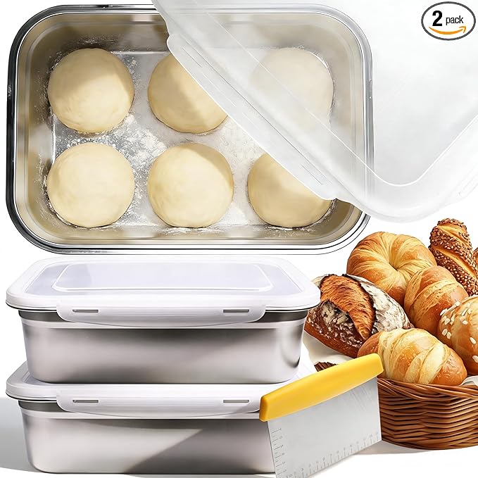 2 Pack Pizza Dough Proofing Box, 10L Stainless Steel Proofing Container with Clear Airtight Lid, Stackable Fermentation Storage for Dough Balls & Bread, Includes Cutter