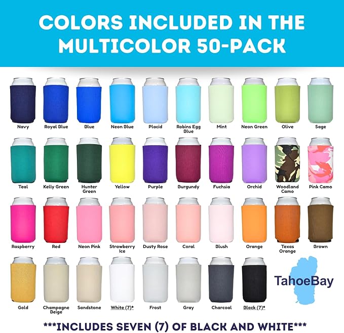 TahoeBay Bulk Blank Beer Can Cooler Sleeves (50-Pack) Sublimation Blanks for Vinyl Plain Soft Foam Can Sleeves Coolers for Soda Cans & Bottles Solid Color (Multicolor)