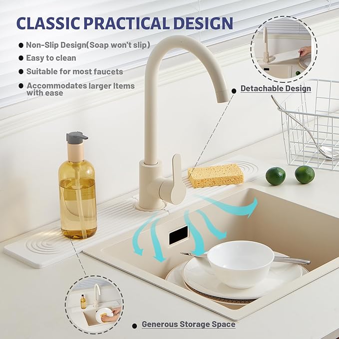 Stone Faucet Mat for Kitchen Sink，Super Absorbent Diatomite Fast Drying Stone and Bathroom Stone Tray for Counter Quick Drying Splash Guard,Prevents Moisture Buildup Sink(White,23.6" x 3.9")