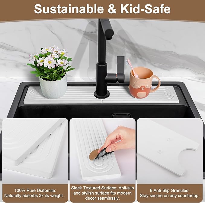 Stone Faucet Mat for Kitchen Sink, Absorbent Faucet Mat Quick Dry Stone Mat Kitchen Sink Protectors, Diatomaceous Earth Faucet Splash Guard Stone Sink Tray Pad for Bathroom Counter RV, White 24"x4"