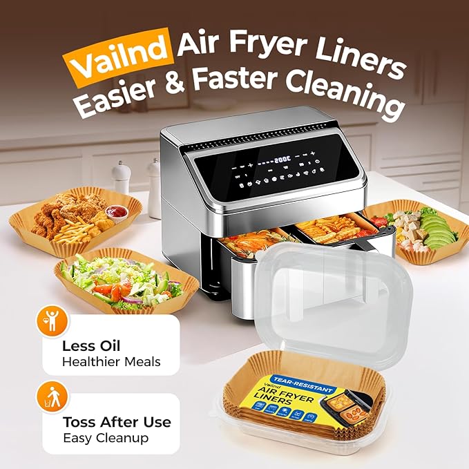 125Pcs Air Fryer Liners Disposable for Dual Basket, 8x5.5 Inch Rectangle Parchment Paper for Ninja DZ201 DZ401, Chefman/COSORI 2-Basket Air Fryer, Oil Proof Paper Liner by Vailnd