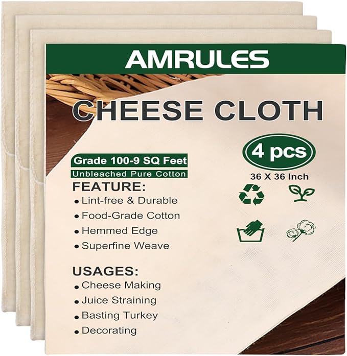 Amrules Cheese Cloths for Straining, 4PCS 36x36 Inch Grade 100 Cheese Cloth, Reusable Washable Unbleached Pure Cotton Cheesecloth for Cooking and Cheese Making with Hemmed Edge