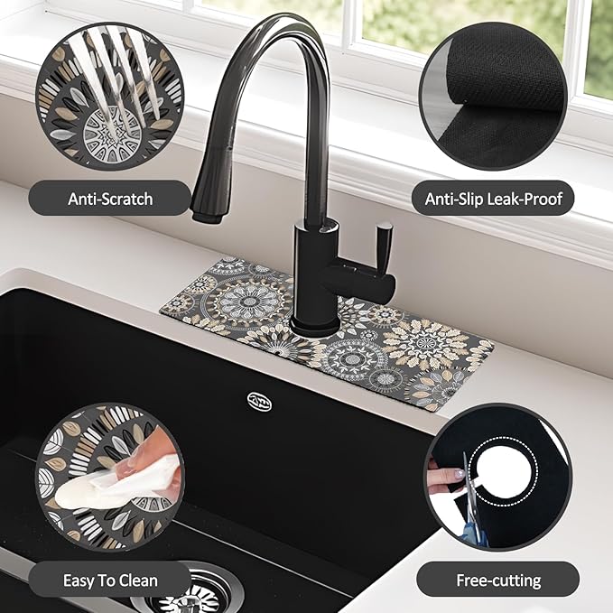 2PCS 15" X 5.5" Kitchen Sink Splash Guard Faucet Mat Mandala Super Absorbent Fast Drying Faucet Guard & Draining Mat Sink Splash Guard Behind Faucet for Kitchen, Bathroom
