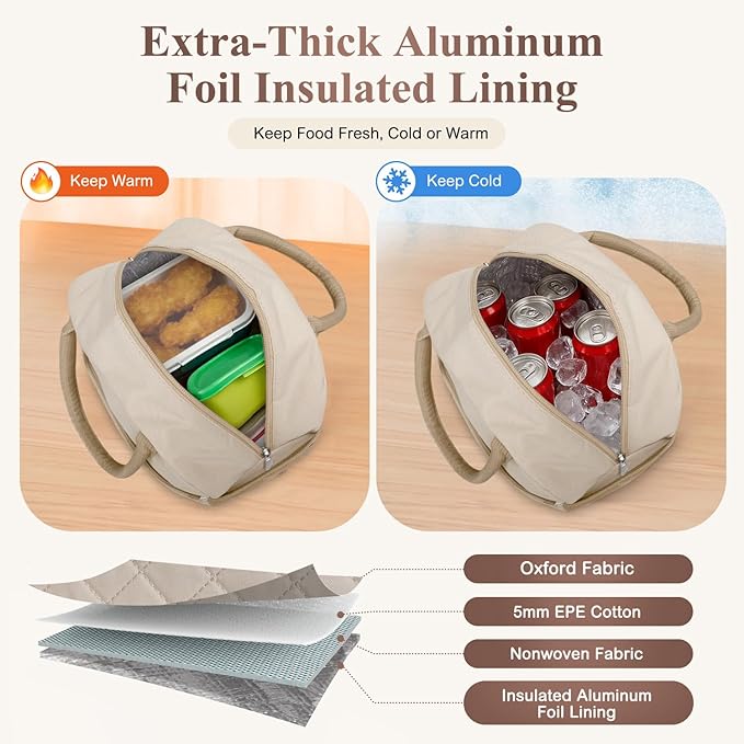 KUBYA Lunch Box for Women Adult Men Insulated Cute Quilted Lunch Bag Women Reusable Large Lunch Tote Bag Leakproof Simple Cooler Bag for Work Office Picnic Beach or Travel