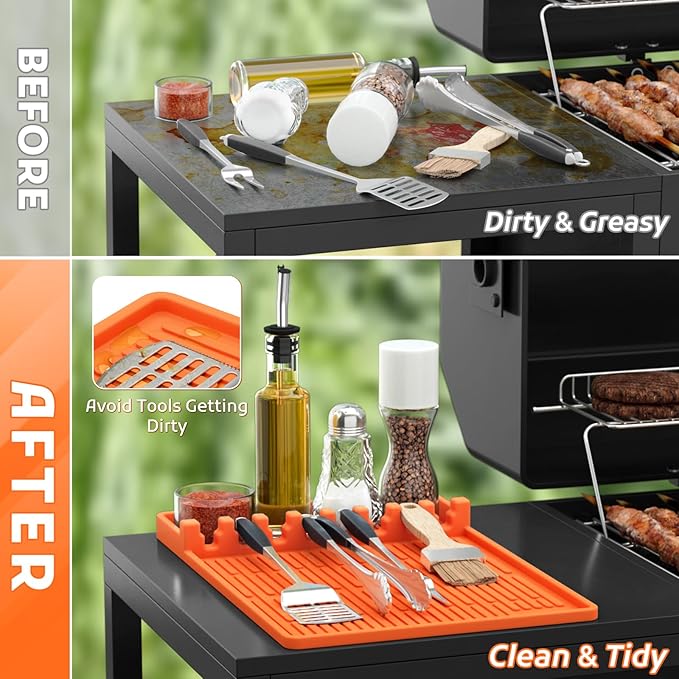MealHelper Silicone Griddle Tools Mat, Grill Mat for Outdoor Grill with Seasoning Jars Holder, Side Shelf Pad for Grilling Accessories, BBQ Tool Rest, Kitchen Aid Accessories and Attachments(Orange)