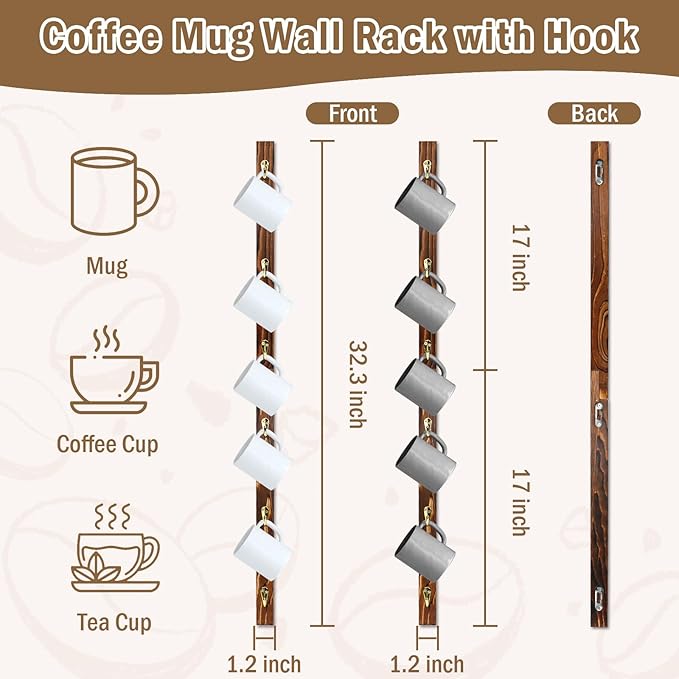 2 Pack Coffee Mug Wall Rack with 12 Hooks Burnt Wood Wall Mounted Coffee Mug Holder Brown Coffee Cup Organizer Coffee Mug Shelf Hanger Espresso Cup Hanging Rack Tea Cup Display Stand for Bar