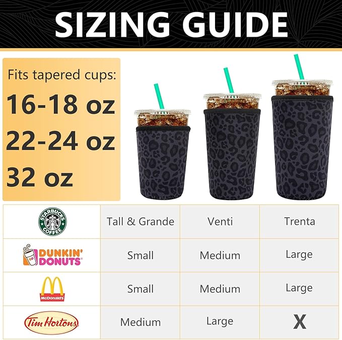 YR Reusable Neoprene Insulator Sleeve for Iced Coffee Cups, 3 Pack Coffee Coolies sleeves for Iced & Hot Drinks, Cold Beverage Cooler Compatible with Starbucks Coffee and More (Black Leopard Print)
