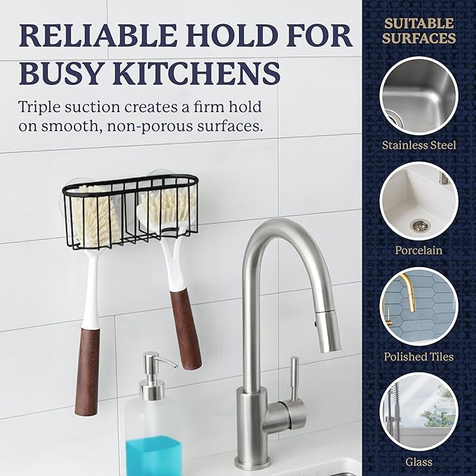 Best Brands Farberware Sponge Holder for Kitchen Sink—Brushed Metal Sink Caddy Organizer with Triple Suction Cups, Kitchen Organizer for Sponges, Brushes, Soap & Cleaning Essentials