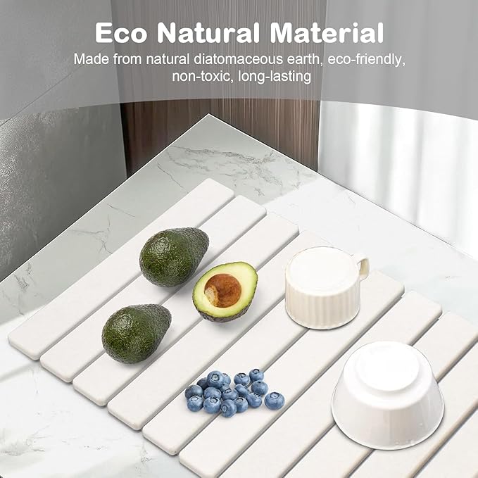 2Pcs Large Stone Dish Drying Mat for Kitchen Counter, Foldable Super Absorbent Diatomaceous Earth Mats with Anti-Slip Leather Base, Quick Drying Modern Dish Mat (White, 24"x 16" & 8"x 4")