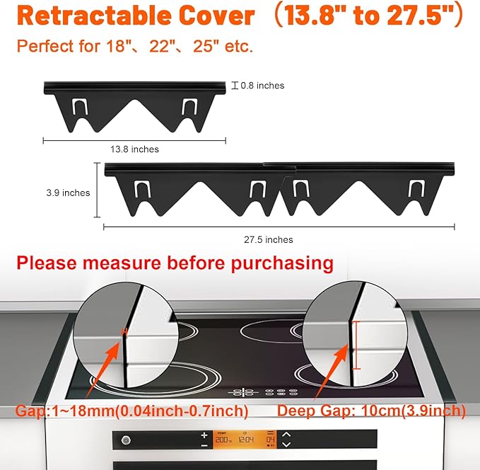 Stove Gap Covers for Electric, Oven Side Guards 2pcs, Gas Range Crack Strip, Stainless Steel Space Filler Between Stove & Counter Top, Crumb Catcher-Adjustable Len. 13.8" to 27.5", Fit 18",22",25" etc