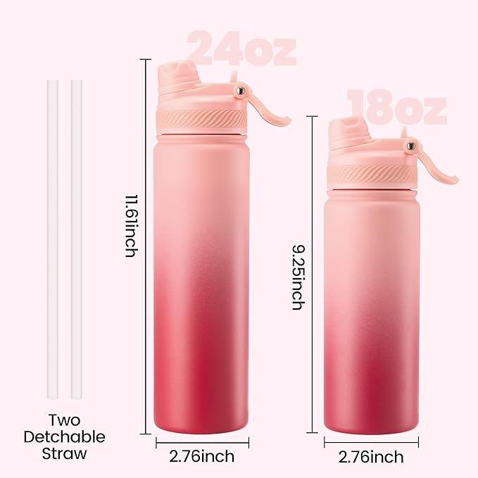 Fijinhom 18 oz Insulated Water Bottle, 2-in-1 Straw and Spout Lid Stainless Steel Thermos, Leak-Proof, Double Wall Vacuum Flask, Keep Cold 24H for Outdoor, Sports, Travel, School (Red Gradient)