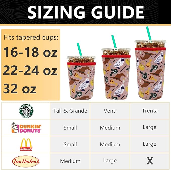 YR Reusable Neoprene Insulator Sleeve for Iced Coffee Cups, 3 Pack Coffee Coolies sleeves for Iced & Hot Drinks, Cold Beverage Cooler Compatible with Starbucks Coffee and More (Horcrux)