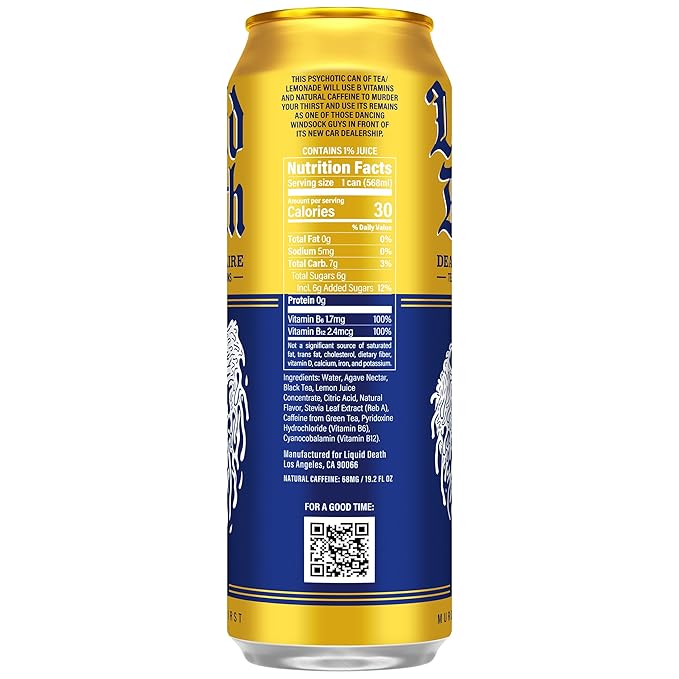 Liquid Death Iced Tea - Dead Billionaire (Black Tea/Lemonade), Less Sugar*, Boost of Caffeine, B Vitamins, No Artificial Sweeteners, King Size 19.2 Fl Oz (Pack of 12)