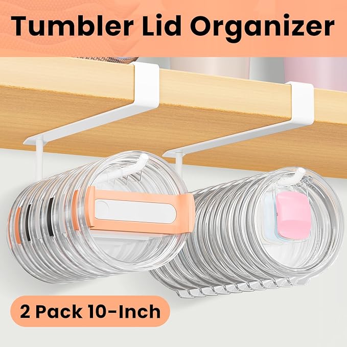2 Pack Large Tumbler Lid Organizer, Under Cabinet Cup Lid Holder for Yeti Insulated Mug/Stanley Insulated Mug/Simple Modern Insulated Mug Lid, No Gluing, No Drilling, Up to 10 Lids (White)