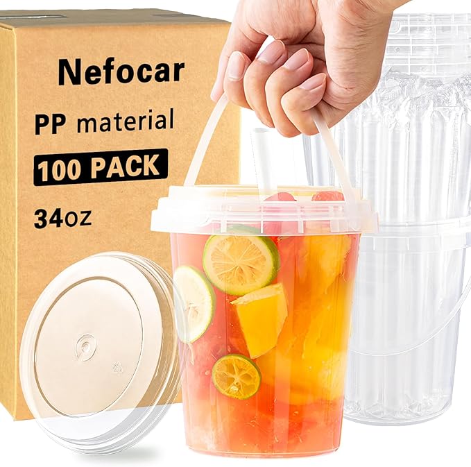 100 Pack 34oz Disposable Coffee Cups with Lids, Plastic Cups with Lids and Straws,Sturdy & Food Safe To Go Cups for Cold & Hot Drinks,Smoothies,Fruit Drinks Cups for Summer Beverages,Bar & Beach Party