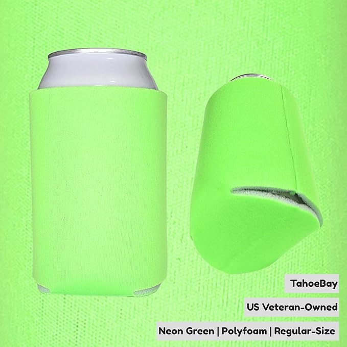 TahoeBay Bulk Blank Beer Can Cooler Sleeves (50-Pack) Sublimation Blanks for Vinyl Plain Soft Foam Can Sleeves Coolers for Soda Cans & Bottles Black, White, Assorted Solid Color (Neon Green)