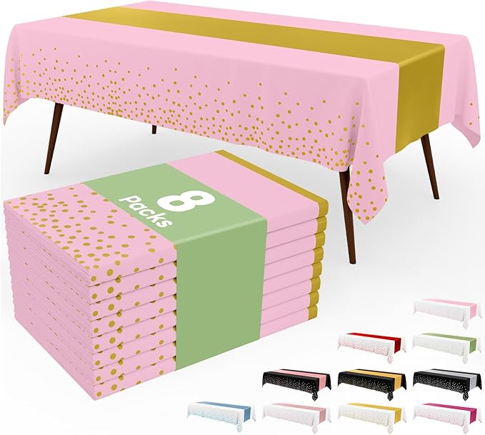 Smiry Plastic Table Cloth Disposable 8 Pack, 54 x 108 Inch Rectangle Waterproof Tablecloth, Printed Gold Table Runner Style for Birthday Weeding, Party Decorations, Leakproof & Sturdy, Pink and Gold