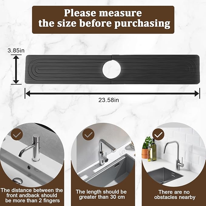 Fast Drying Faucet Mat for Kitchen Sink - 24 Inch Quick Dry Stone Diatomite Faucet Splash Guard & Drip Catcher with Sponge Foot Pads for Kitchen Sink, Bathroom Tray Counter Prevents Moisture Buildup