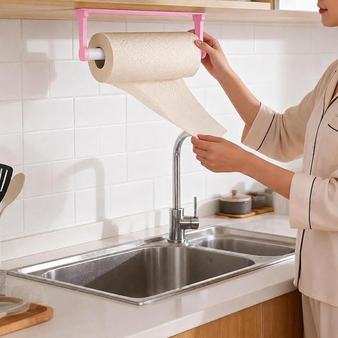 MONEER Kitchen Roll Holder Under Cabinet, Paper Towel Holder, Aluminum Alloy Kitchen Towel Holders, Self Adhesive Kitchen Roll Holder for Kitchen, Bathroom, Living Room (Pink)