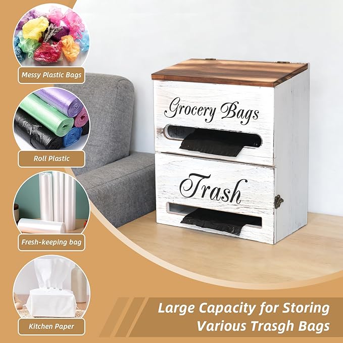 2 in 1 Trash Bag Dispenser, Double Wall Mounted,Wood Trash Bag Holder, used in kitchen, garage, laundry room, can store Environmentally friendly food bags (Vintage/Large(10inch*5.5inch*12.2inch）)